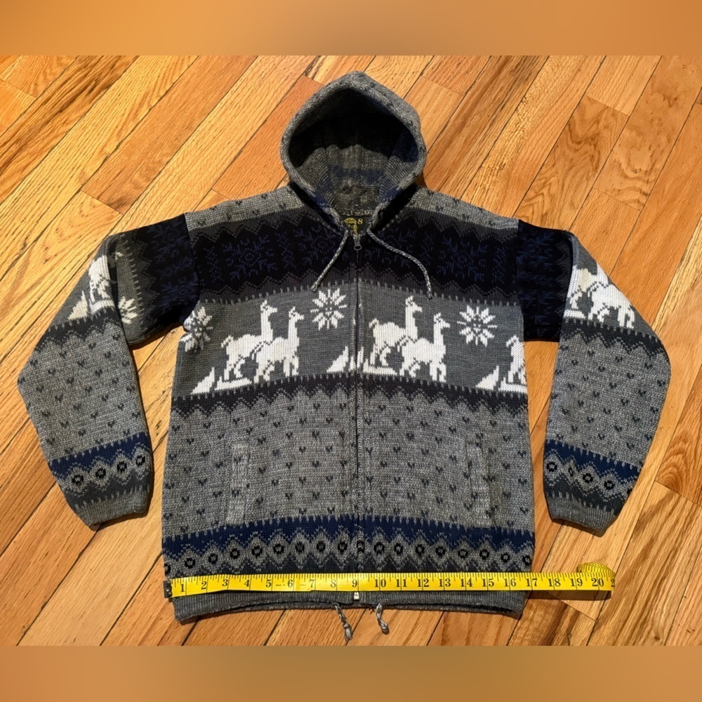 Tejidos Ruminahui Sweater Sz 8 Gray Full Zip Jacket Alpaca & Sun Print Hooded - Picture 10 of 12